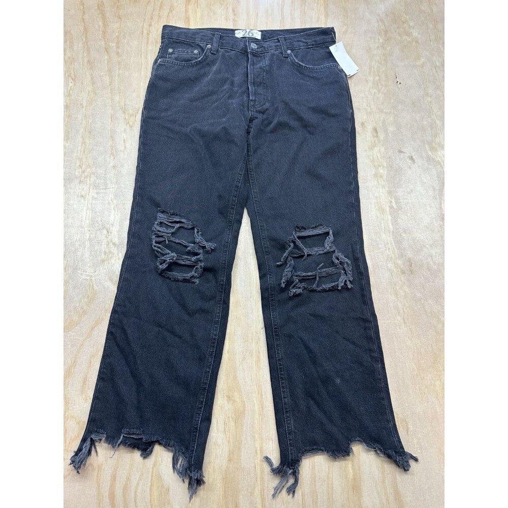 Free People We the Free Black Ripped Distressed Boyfriend Jean Button 26 Raw Hem